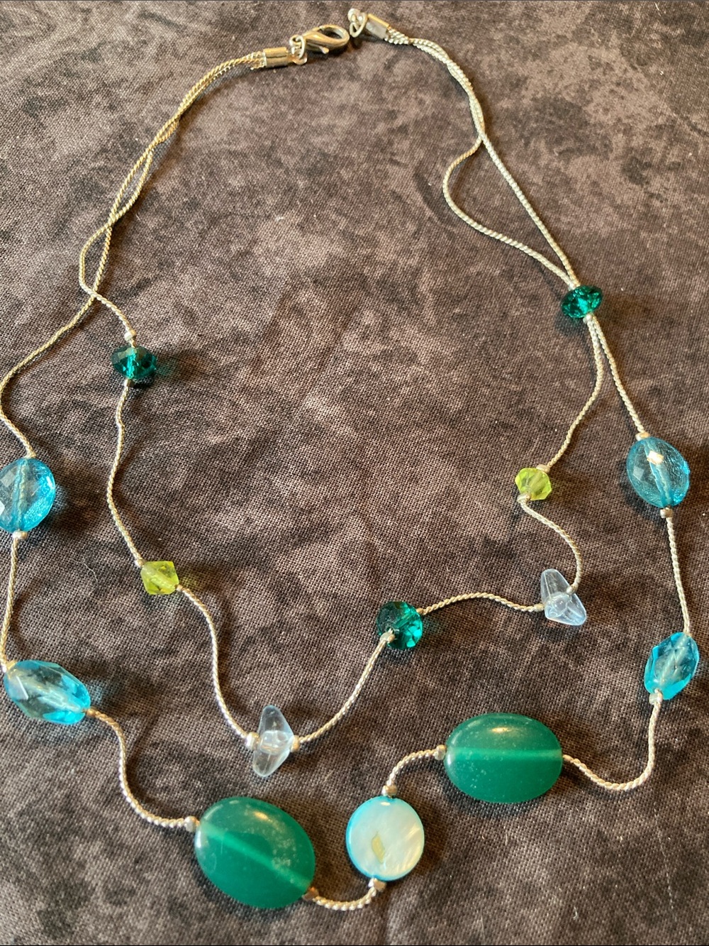 Silver Tone Necklace with Teal, Aqua & Lime Beads